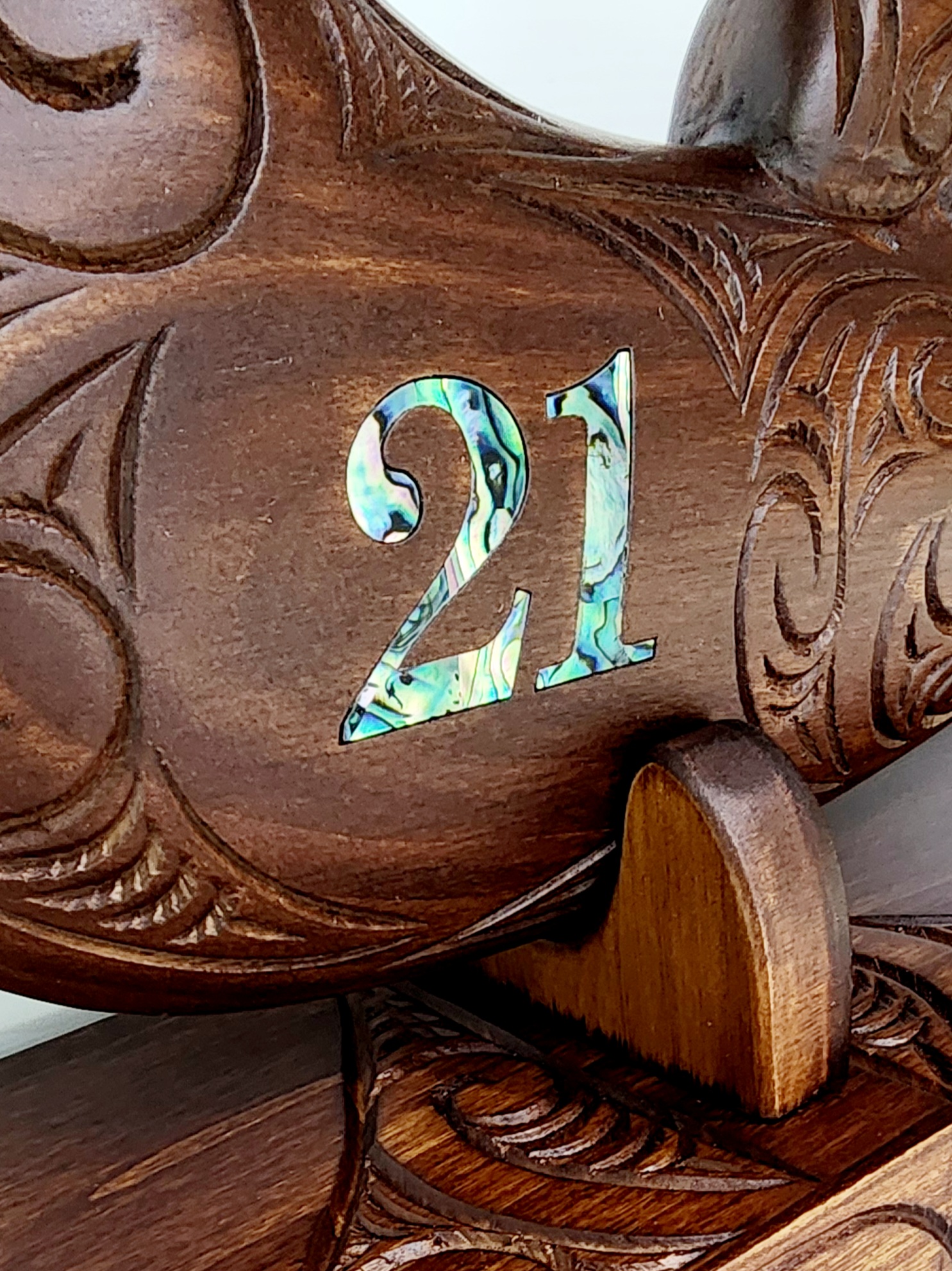 Large Carved Maori Wahaika Club with 21 Paua Inlaid on Stand 21st Keys Large Carved Maori Wahaika Club with 21 Paua Inlaid on Stand 21st Keys