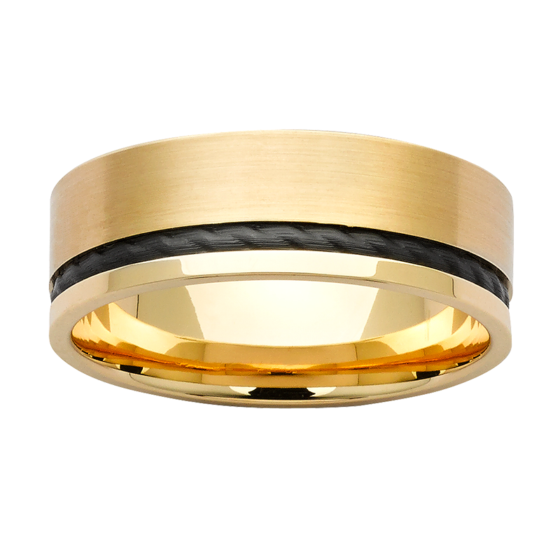 9ct Yellow Gold 7.5mm Wide Band with Black Zirconium Inlay Gold Rings, Men's Gold Rings 9ct Yellow Gold 7.5mm Wide Band with Black Zirconium Inlay Gold Rings, Men's Gold Rings