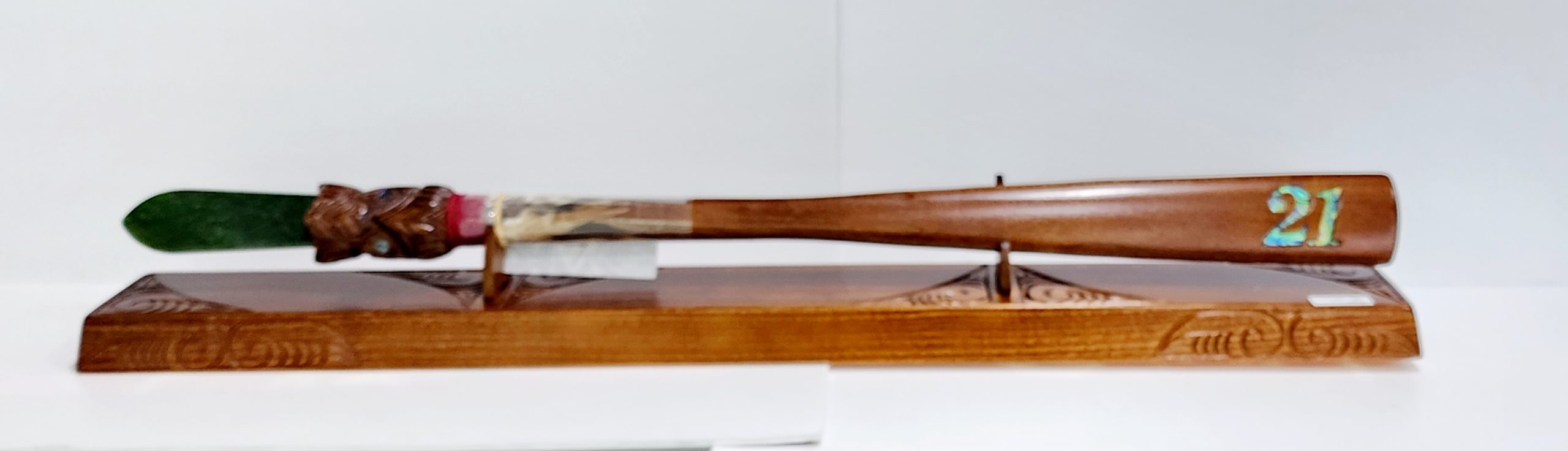 Wooden Carved Maori 21st Birthday Taiaha with Greenstone/Pounamu Tongue on Stand with 21 Paua Inlay NIXON, WATCH 