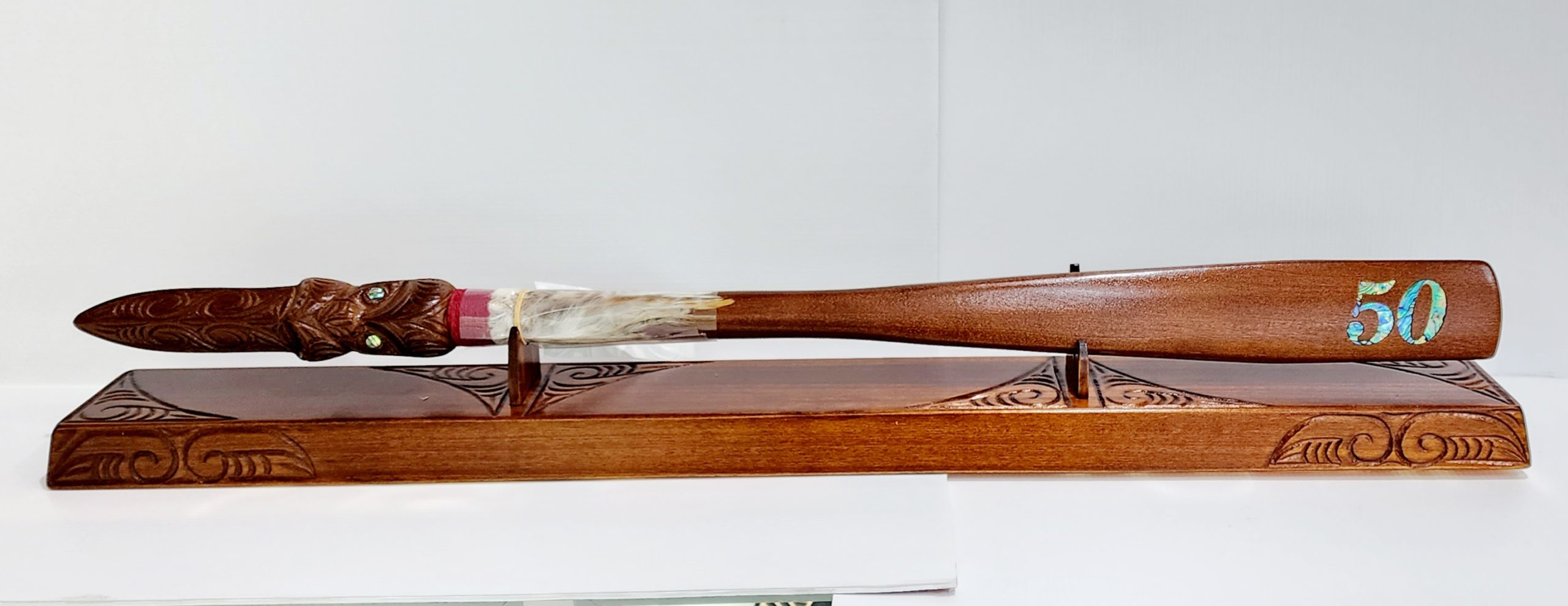 Wooden Carved 50th Maori Taiaha on Stand with 50 Paua Shell Inlay NIXON, WATCH 