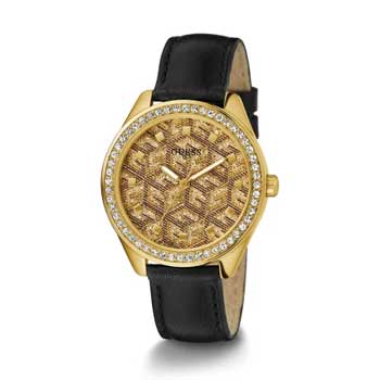 Guess G Gloss Ladies Gold Tone Black Leather Watch - GW0608L2 GUESS 