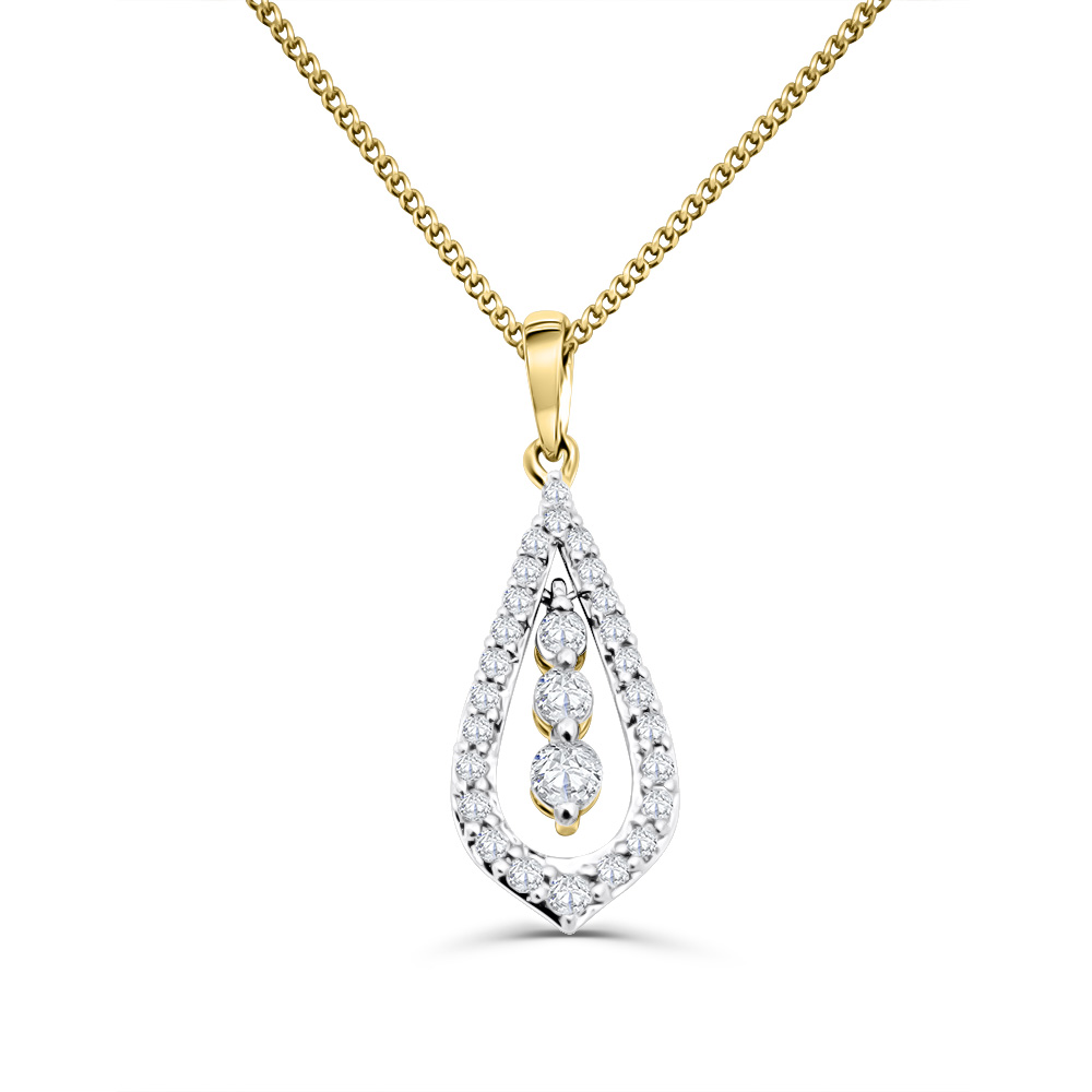 10ct Yellow Gold Tear Drop Diamond Pendant with Three Diamond Drop Inside The Frame Gold Pendants 
