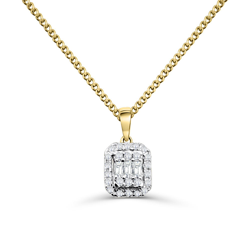 10ct Yellow Gold Baguette & Round Diamond Cluster Pendant Gold Pendants 
