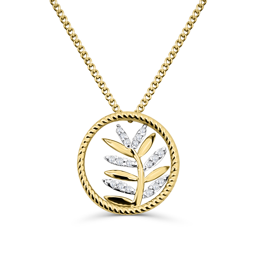 10ct Yellow Gold Circle Pendant with Diamond Set Leaf Inside Gold Pendants 