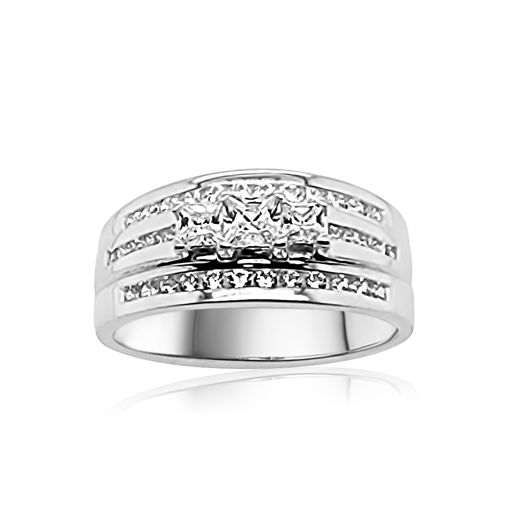 Sterling Silver Ladies Princess-Cut Three Stone Triple Row CZ Engagement / Dress Ring Sterling Silver Rings Sterling Silver Ladies Princess-Cut Three Stone Triple Row CZ Engagement / Dress Ring Sterling Silver Rings