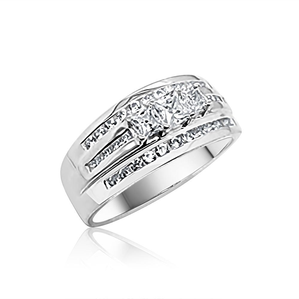 Sterling Silver Ladies Princess-Cut Three Stone Triple Row CZ Engagement / Dress Ring Sterling Silver Rings 