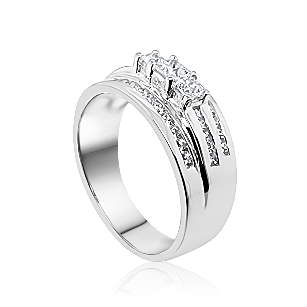 Sterling Silver Ladies Princess-Cut Three Stone Triple Row CZ Engagement / Dress Ring Sterling Silver Rings Sterling Silver Ladies Princess-Cut Three Stone Triple Row CZ Engagement / Dress Ring Sterling Silver Rings