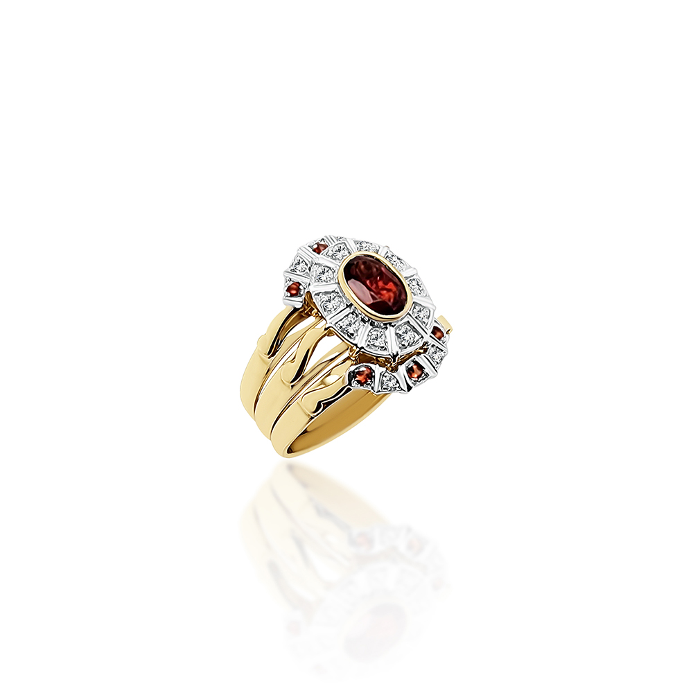 9ct Yellow Gold 3 Piece Ring Set with Garnet and 0.10ct Diamond Setting Gold Rings 