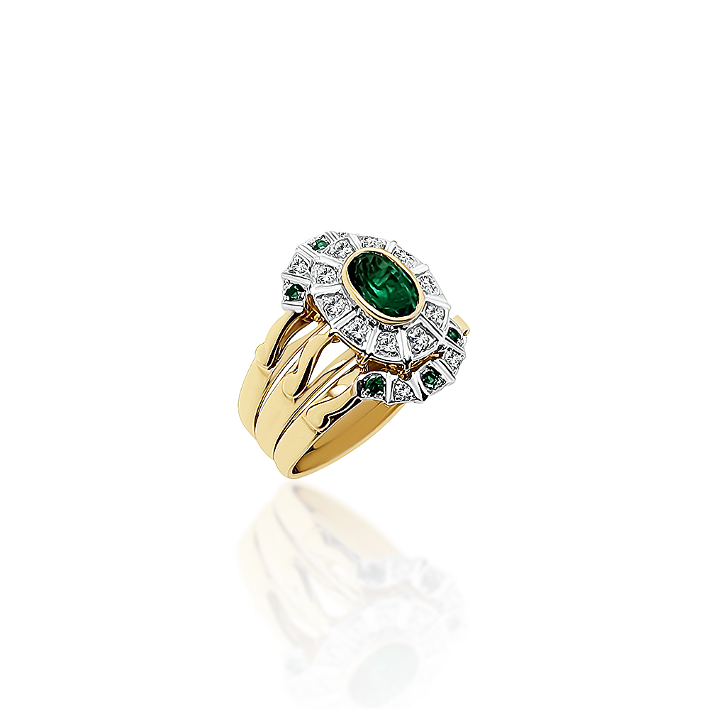 9ct Yellow Gold 3 Piece Ring Set with Created Emerald and 0.10ct Diamond Setting Gold Rings 