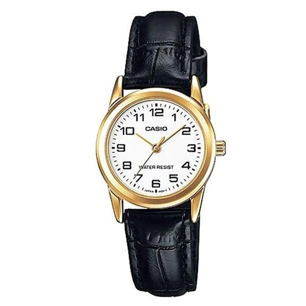 Casio Ladies Analogue WR White Face Gold Case Black Leather Watch - LTP-V001GL-7BUDF CASIO Casio Ladies Analogue WR White Face Gold Case Black Leather Watch - LTP-V001GL-7BUDF CASIO