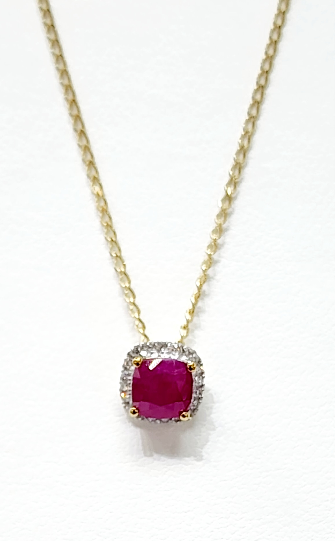 9ct Yellow Gold Square Natural Ruby 0.65ct with Diamond Halo Setting and 45cm 9ct Yellow Gold Chain Gold Pendants 9ct Yellow Gold Square Natural Ruby 0.65ct with Diamond Halo Setting and 45cm 9ct Yellow Gold Chain Gold Pendants