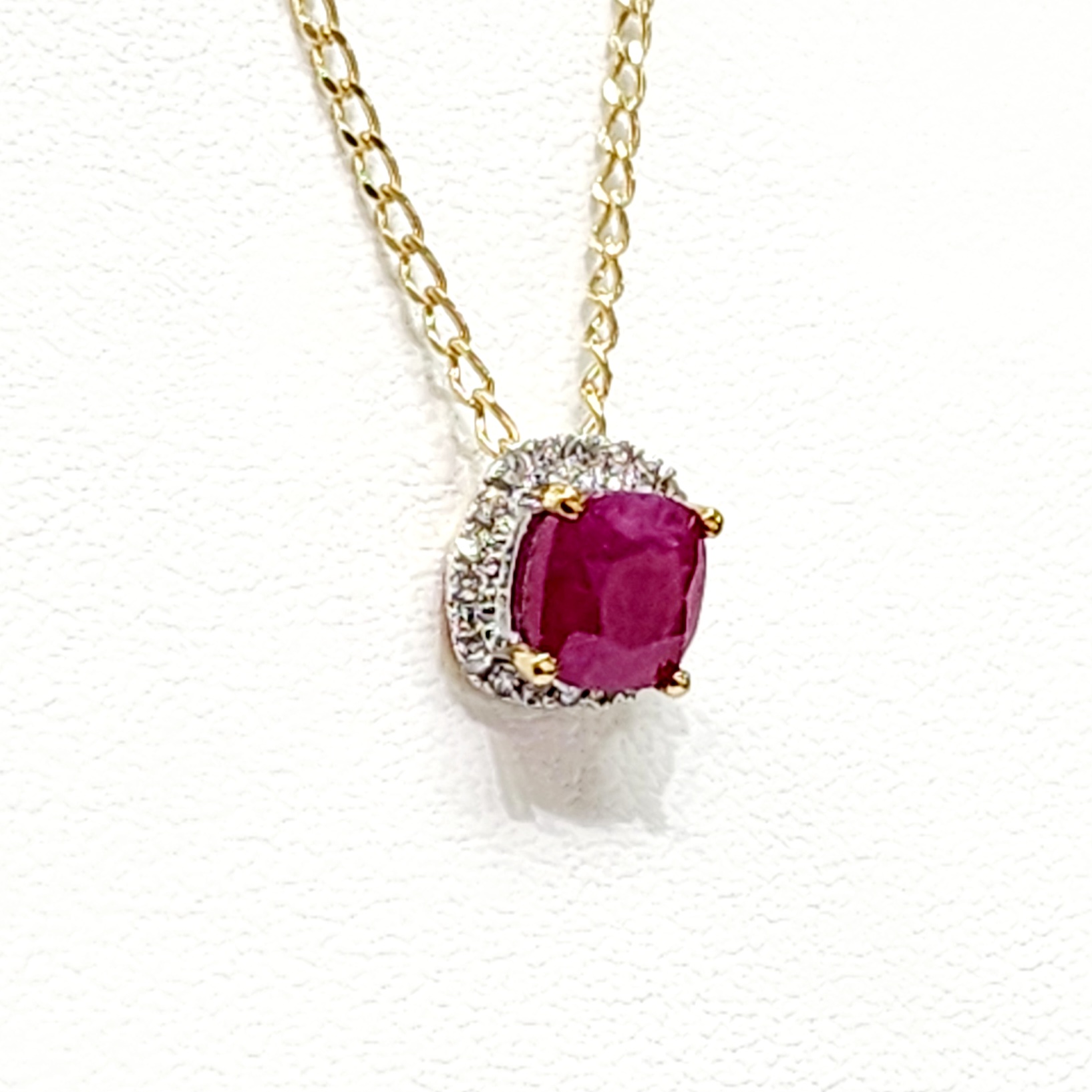 9ct Yellow Gold Square Natural Ruby 0.65ct with Diamond Halo Setting and 45cm 9ct Yellow Gold Chain Gold Pendants 