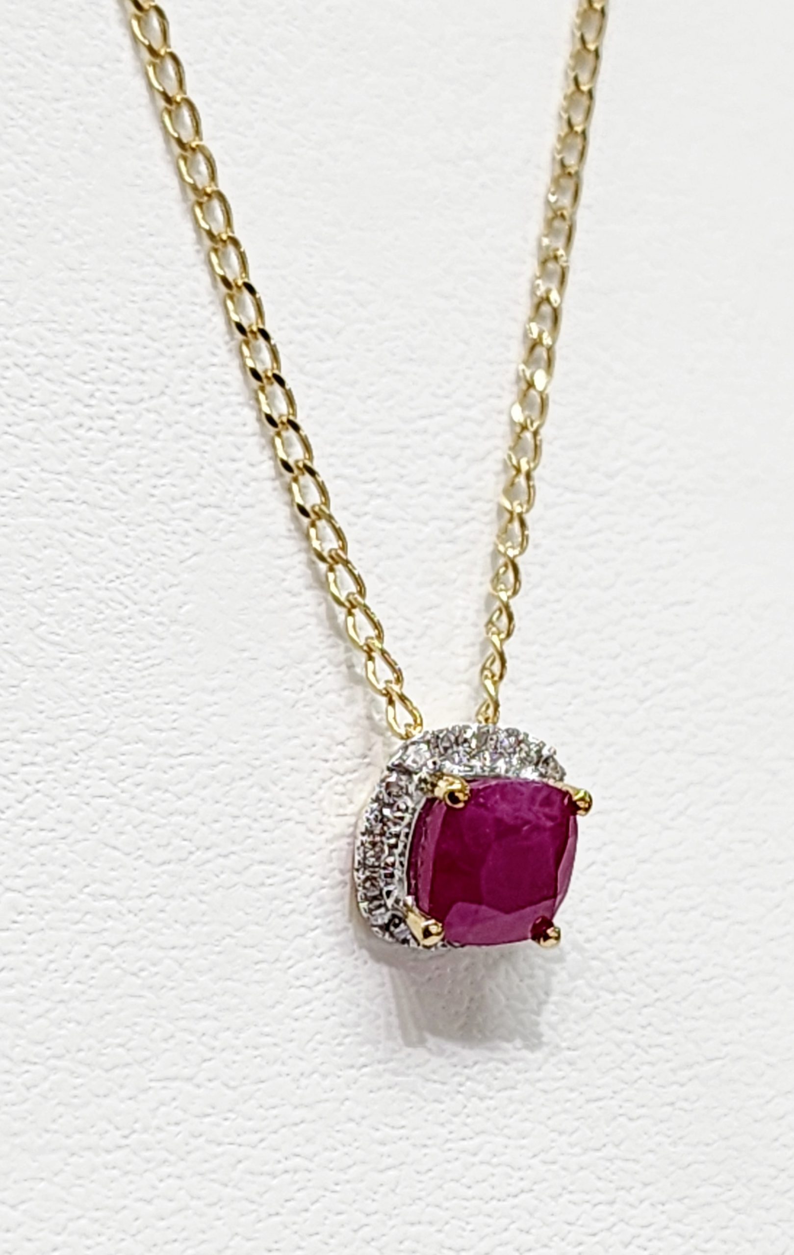 9ct Yellow Gold Square Natural Ruby 0.65ct with Diamond Halo Setting and 45cm 9ct Yellow Gold Chain Gold Pendants 9ct Yellow Gold Square Natural Ruby 0.65ct with Diamond Halo Setting and 45cm 9ct Yellow Gold Chain Gold Pendants