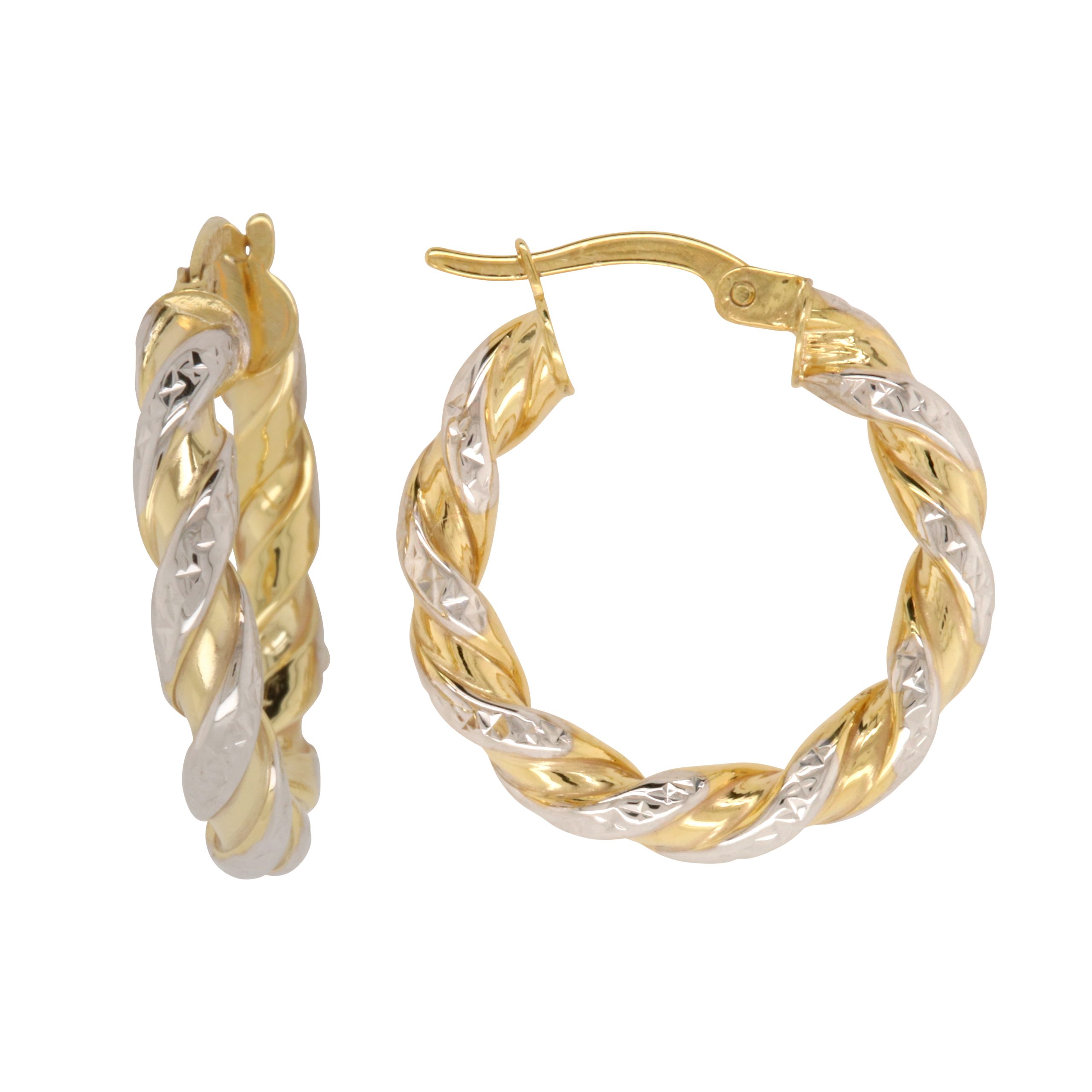 9ct Yellow Gold Silver Filled Twist Two Tone 16mm Diameter Hoop Earrings Gold & Silver Bonded Earrings, Gold Earrings 
