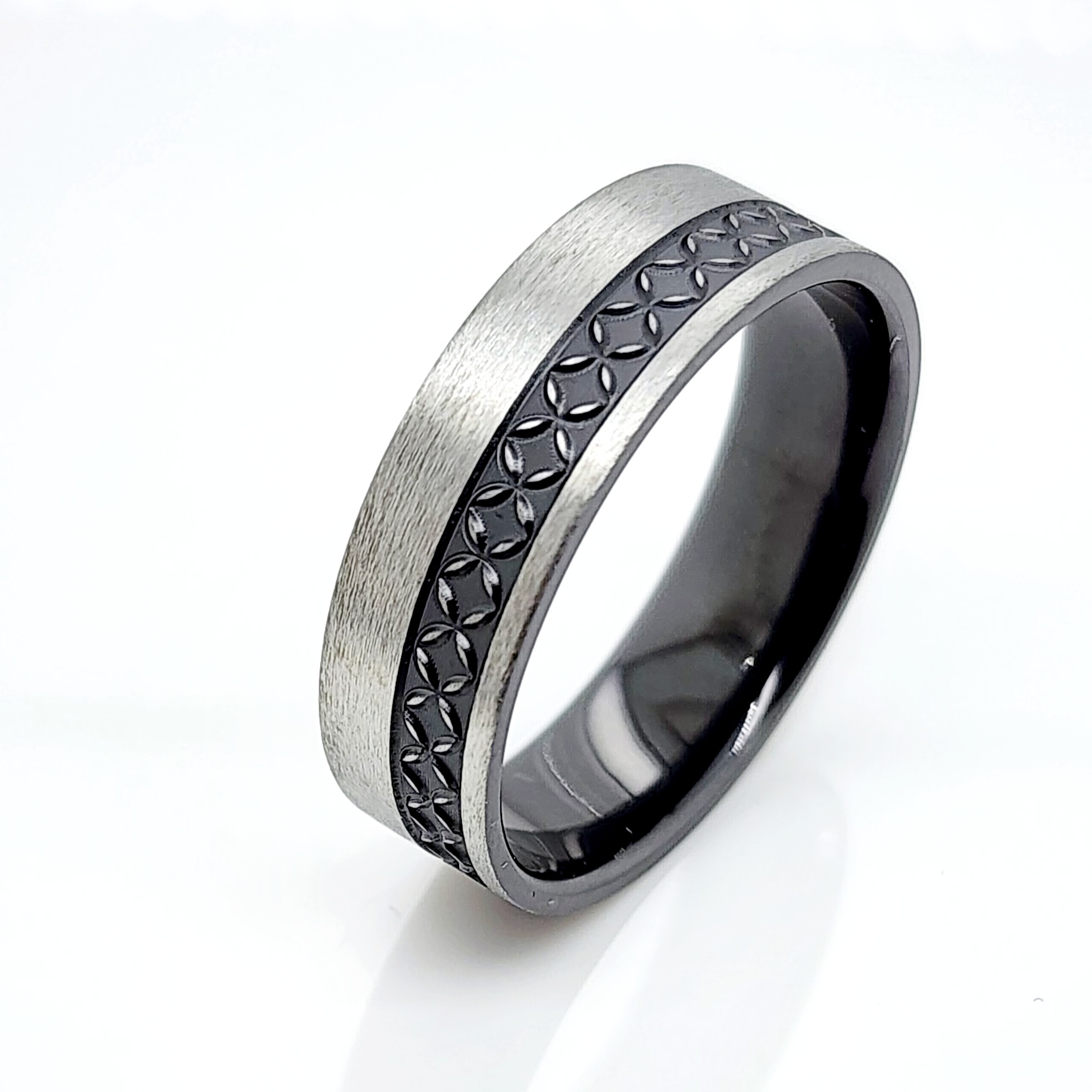 Black Zirconium Band 7mm Wide with Polynesian Inspired Patterns Engraved Gold Rings, Men's Gold Rings 