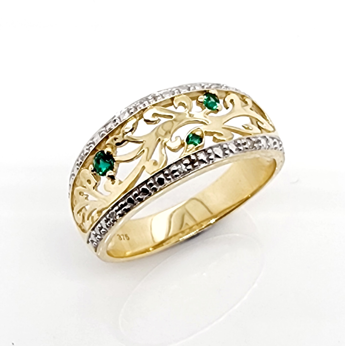 9ct Yellow Gold Diamond & Created Emerald Filigree Ring Gold Rings 
