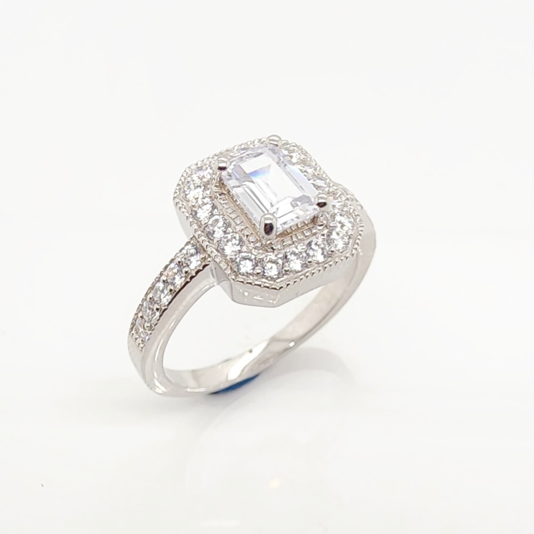 Sterling Silver Ladies Emerald Cut Halo Cublic Zirconia Engagement Ring Sterling Silver Rings 