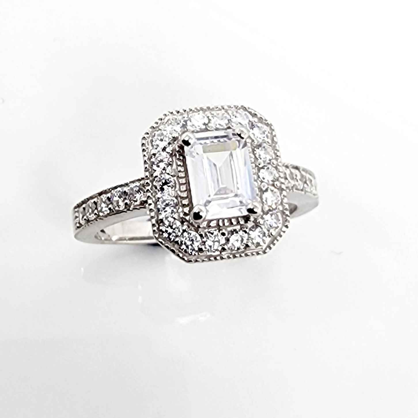 Sterling Silver Ladies Emerald Cut Halo Cublic Zirconia Engagement Ring Sterling Silver Rings Sterling Silver Ladies Emerald Cut Halo Cublic Zirconia Engagement Ring Sterling Silver Rings