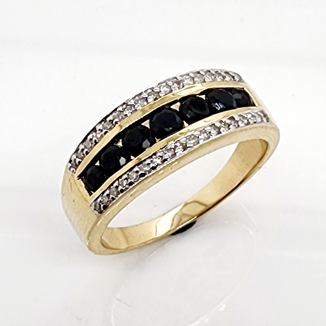 3 Row Ring with Black Sapphire & 0.17 Carat Diamond in 9ct Yellow Gold Gold Rings 