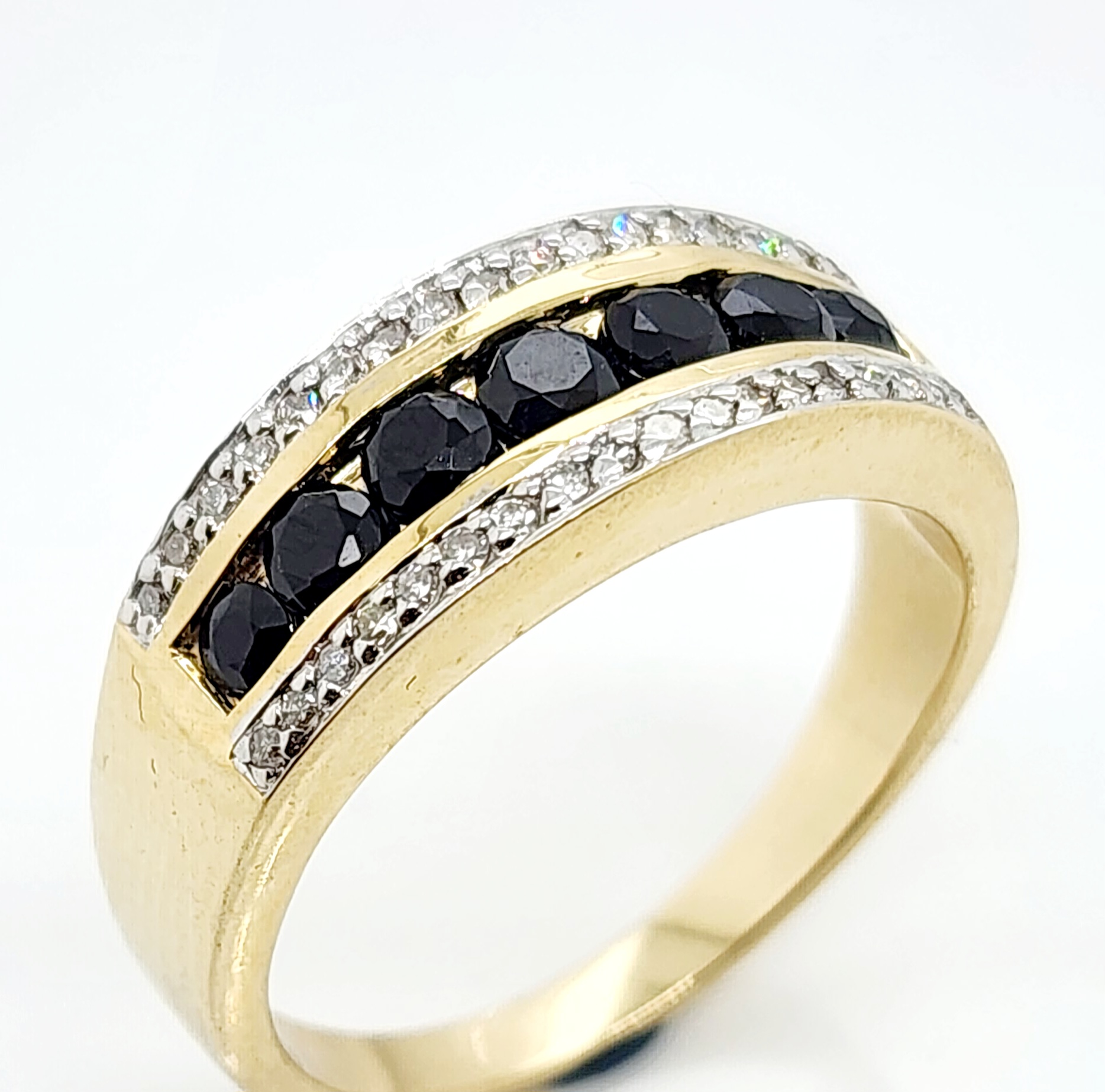 3 Row Ring with Black Sapphire & 0.17 Carat Diamond in 9ct Yellow Gold Gold Rings 3 Row Ring with Black Sapphire & 0.17 Carat Diamond in 9ct Yellow Gold Gold Rings