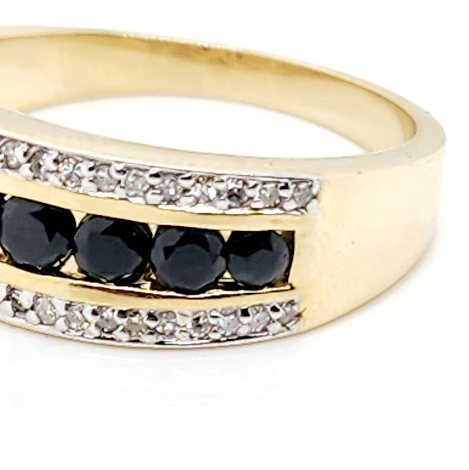 3 Row Ring with Black Sapphire & 0.17 Carat Diamond in 9ct Yellow Gold Gold Rings 3 Row Ring with Black Sapphire & 0.17 Carat Diamond in 9ct Yellow Gold Gold Rings