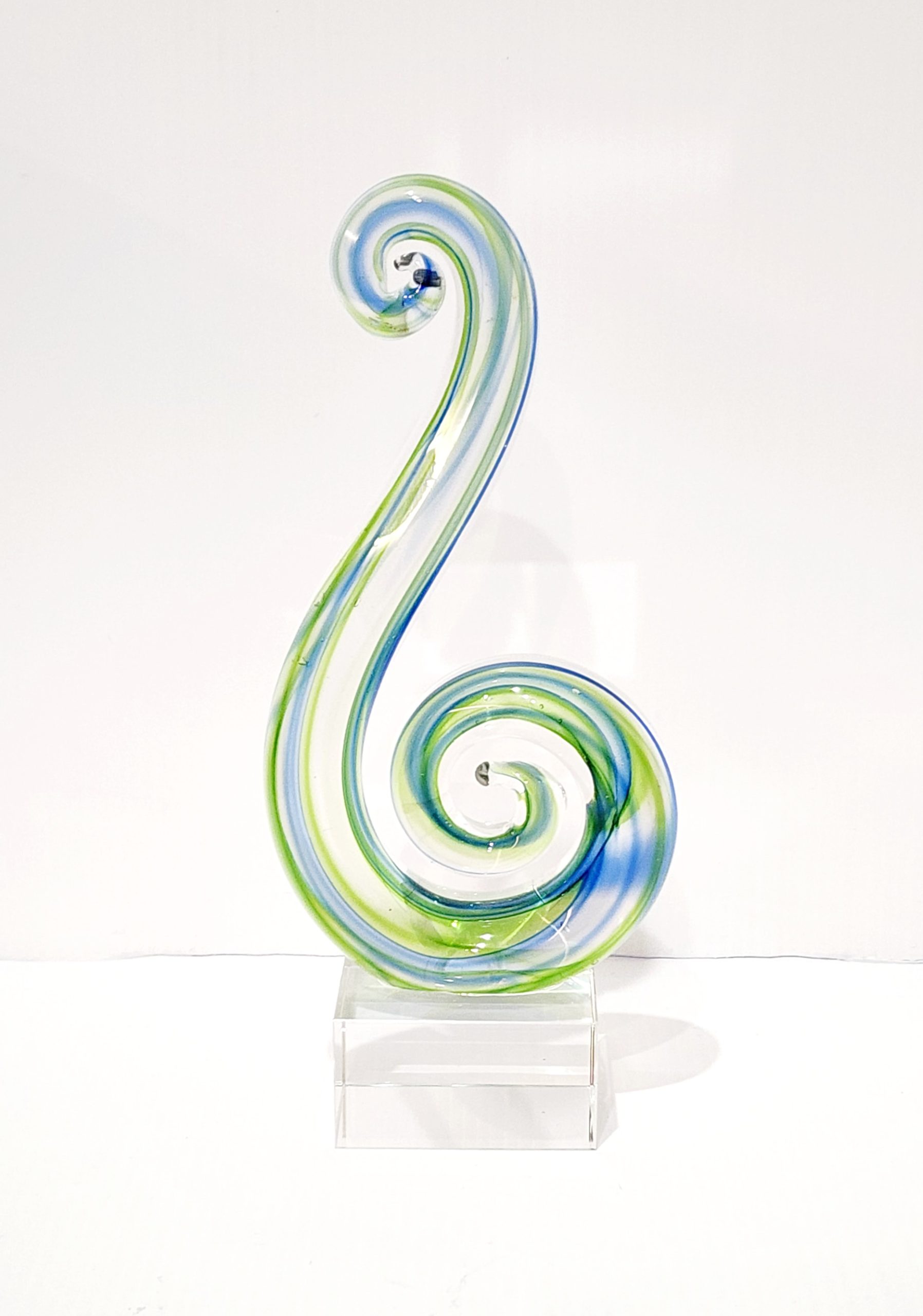 Beautiful Maori Design Double Koru Green & Blue Glass Award / Trophy - 180mm High 21st Keys 