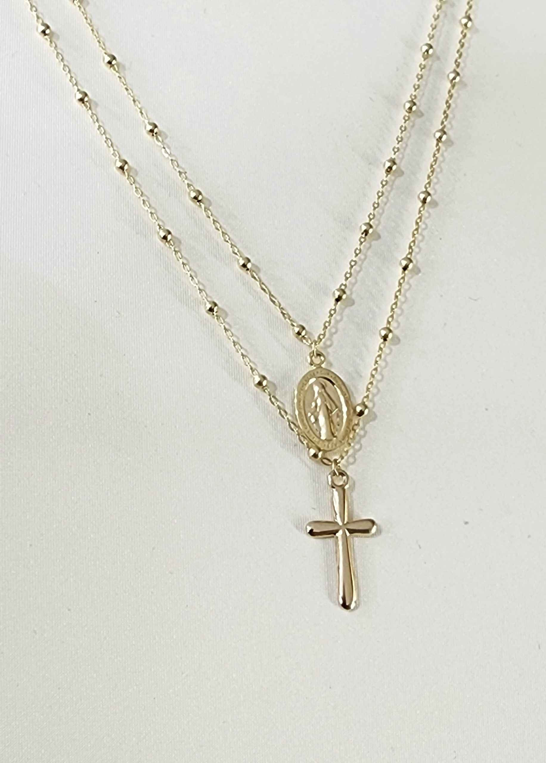 9ct Yellow Gold Double Necklace Mother Mary & Cross Necklace Set 55cm Long Gold Pendants 