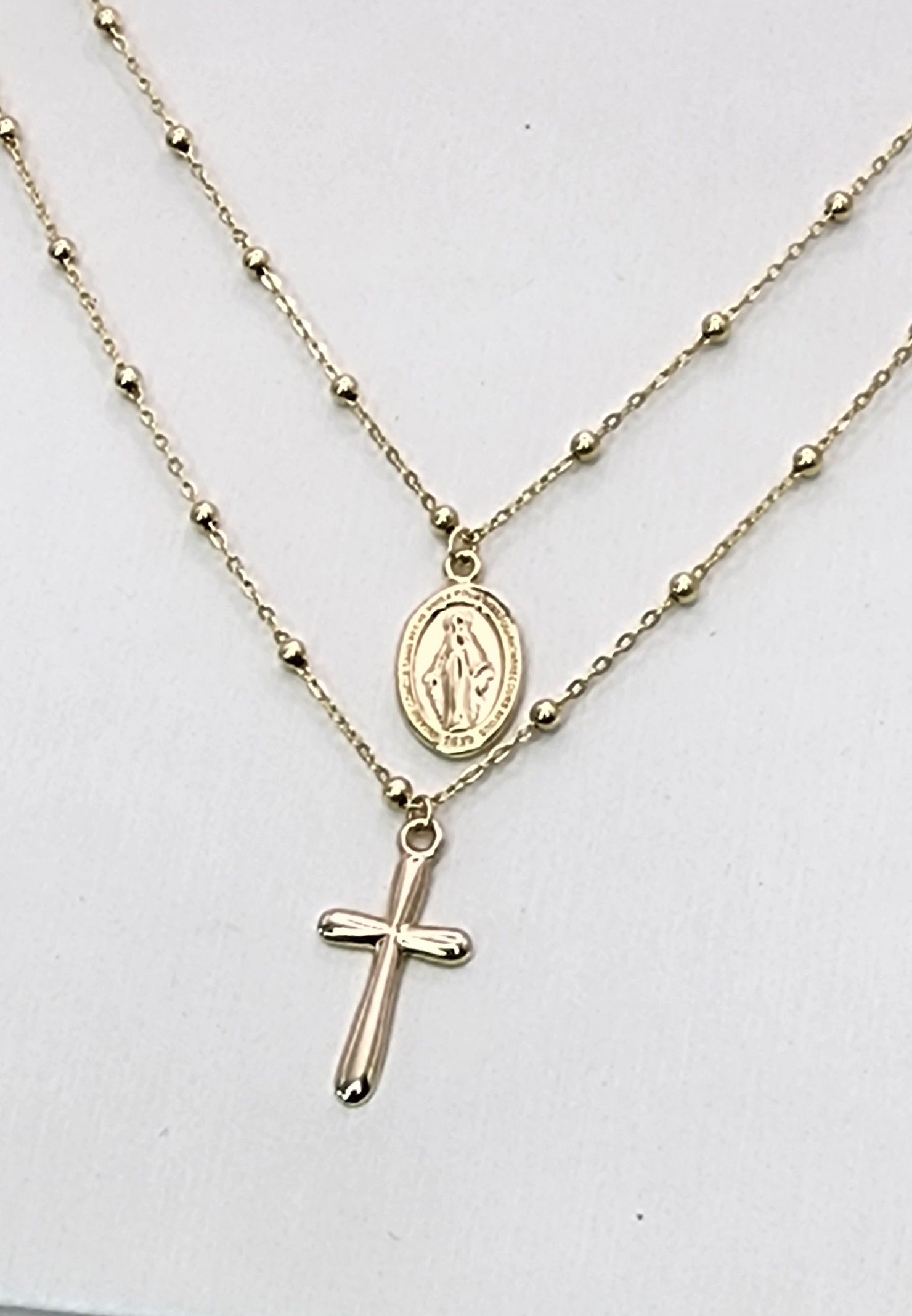 9ct Yellow Gold Double Necklace Mother Mary & Cross Necklace Set 55cm Long Gold Pendants 9ct Yellow Gold Double Necklace Mother Mary & Cross Necklace Set 55cm Long Gold Pendants