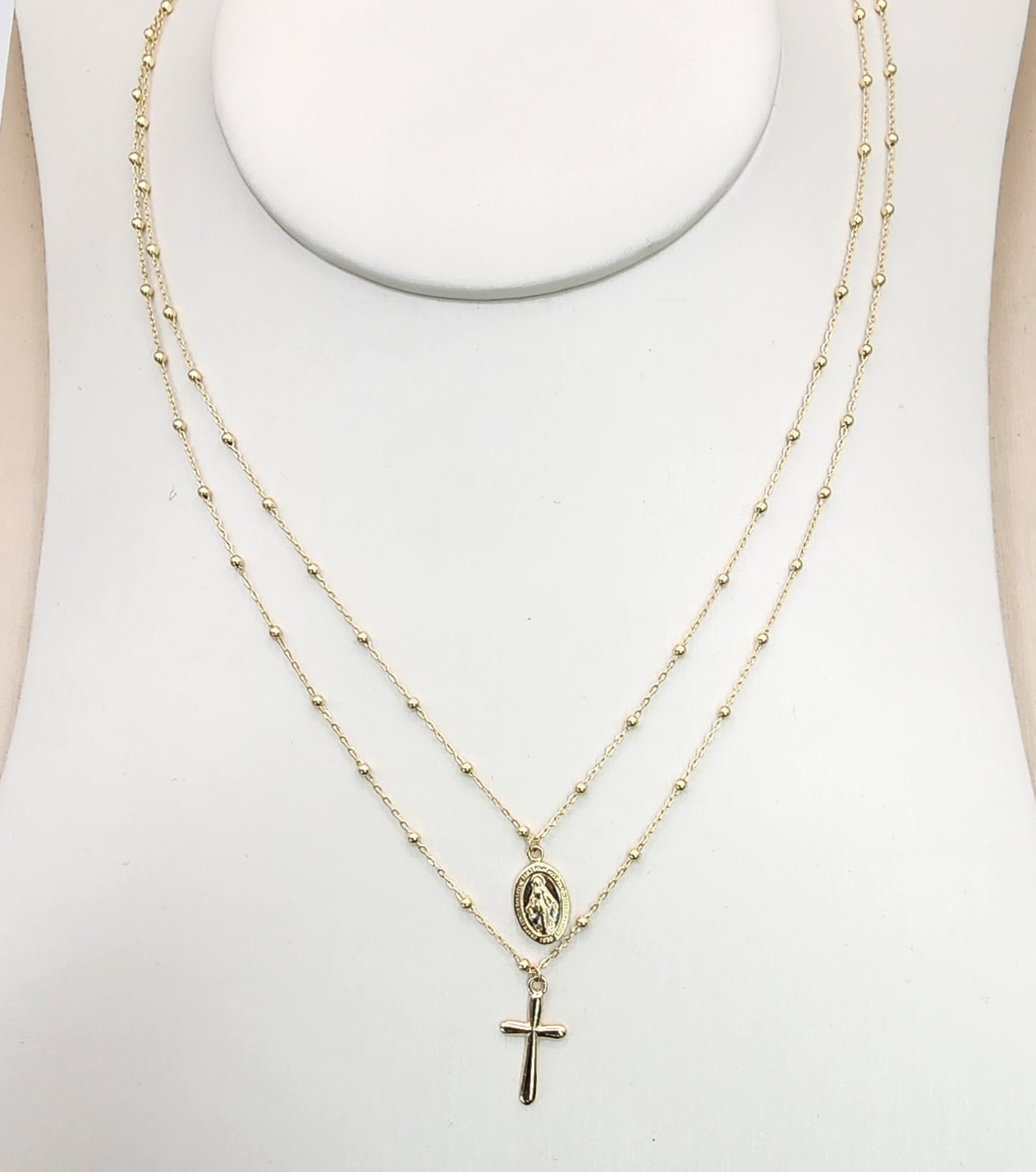 9ct Yellow Gold Double Necklace Mother Mary & Cross Necklace Set 55cm Long Gold Pendants 9ct Yellow Gold Double Necklace Mother Mary & Cross Necklace Set 55cm Long Gold Pendants