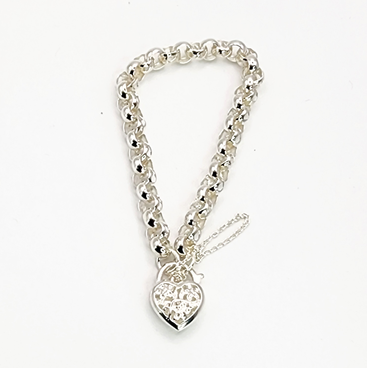 Sterling Silver 19cm Belcher Bracelet With Filigree Heart Padlock SKU-CYBA56 Sterling Silver Bracelets 