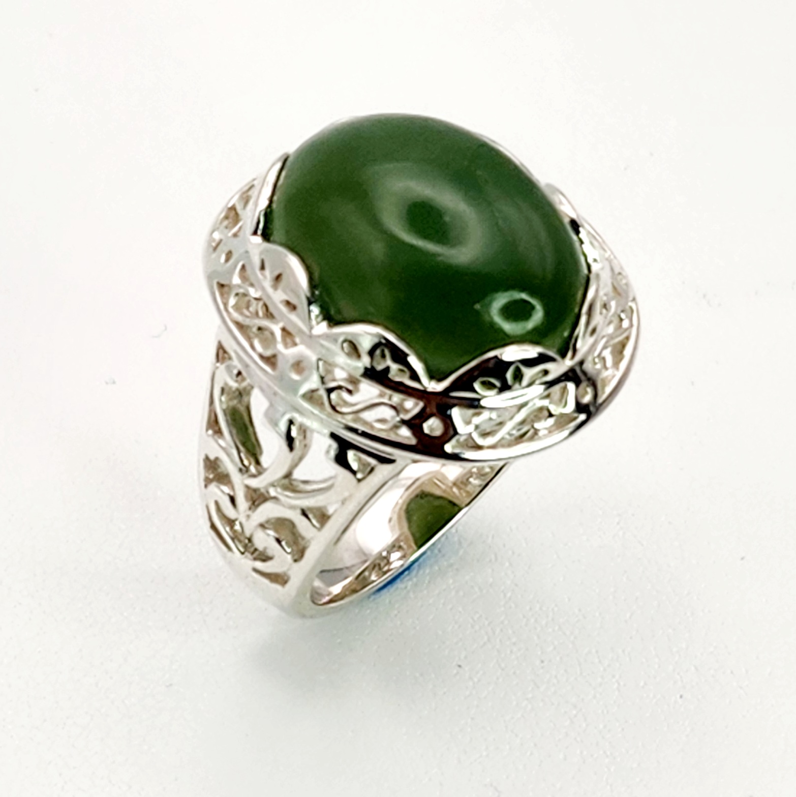 Sterling Silver Filigree Design Ring with Oval Greenstone Sterling Silver Rings 