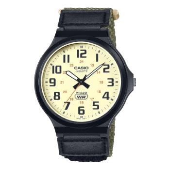 Casio Gents Analog Cram Dial Black Numbers Black Case, Black/Green Velcro-Fastening Band - MW240B-3B CASIO