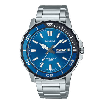 Casio Gents Divers Look 100M WR Rotary Bezel Blue Dial Day & Date Stainless Steel Band - MTD125D-2A1 CASIO