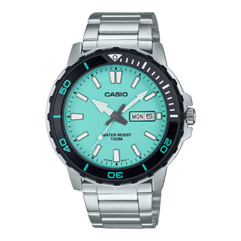 Casio Gents Divers Look 100M WR Rotary Bezel Tiffany Blue Dial Day & Date Stainless Steel Band - MTD125D-2A2 CASIO