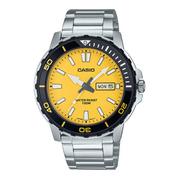 Casio Gents Divers Look 100M WR Rotary Bezel Yellow Dial Day & Date Stainless Steel Band - MTD125D-9A CASIO