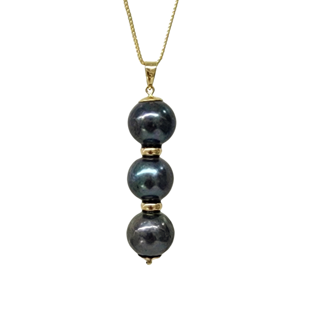 9ct Yellow Gold Triple 11.5mm Round Tahitian Black Pearl Pendant with Gold Spacers Gold Pearl Jewellery, Pearl Jewellery 