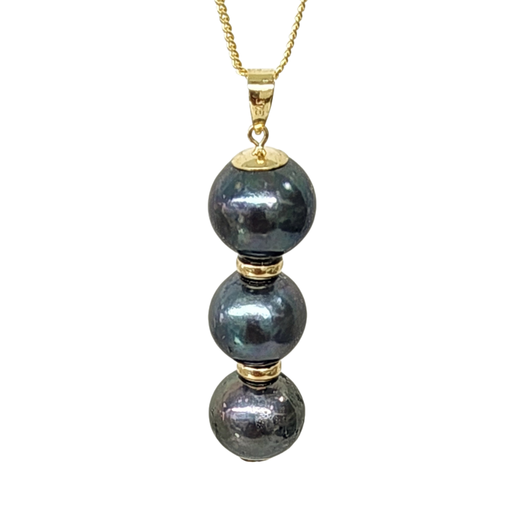 9ct Yellow Gold Triple 11.5mm Round Tahitian Black Pearl Pendant with Gold Spacers Gold Pearl Jewellery, Pearl Jewellery 9ct Yellow Gold Triple 11.5mm Round Tahitian Black Pearl Pendant with Gold Spacers Gold Pearl Jewellery, Pearl Jewellery