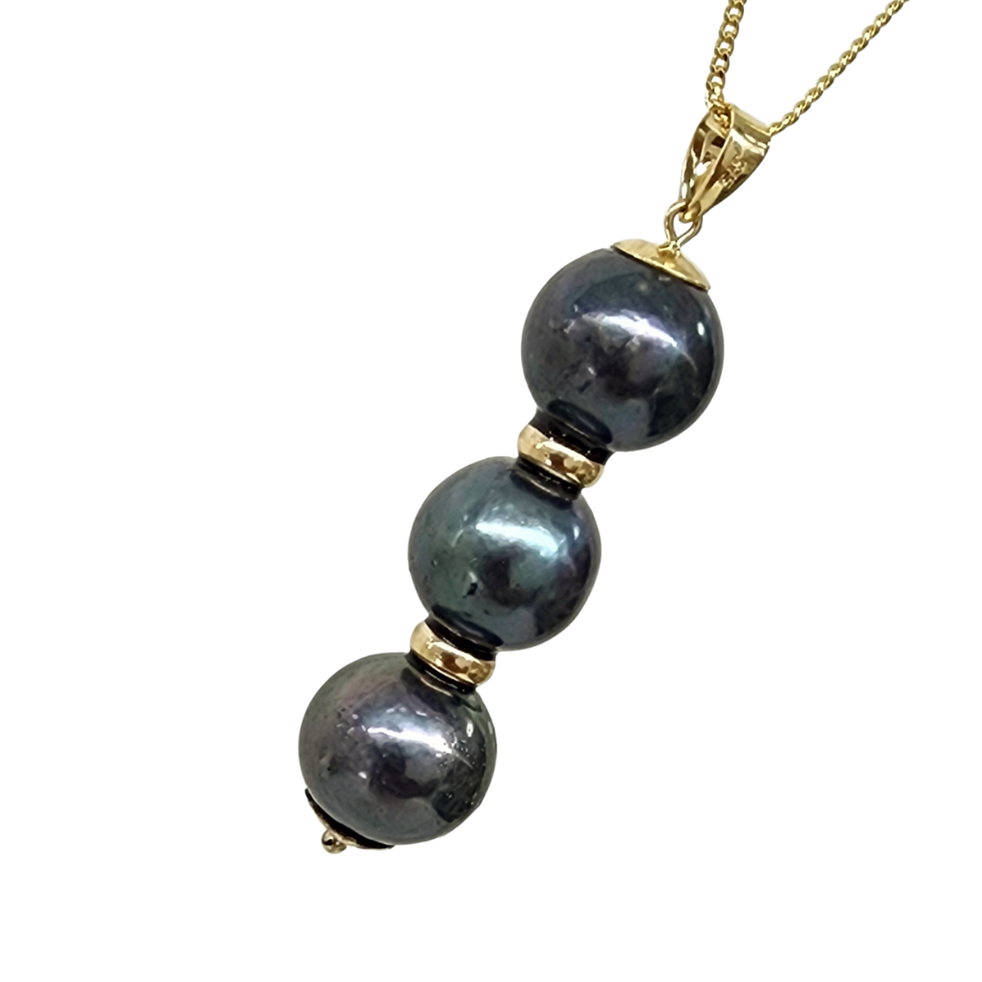 9ct Yellow Gold Triple 11.5mm Round Tahitian Black Pearl Pendant with Gold Spacers Gold Pearl Jewellery, Pearl Jewellery 9ct Yellow Gold Triple 11.5mm Round Tahitian Black Pearl Pendant with Gold Spacers Gold Pearl Jewellery, Pearl Jewellery
