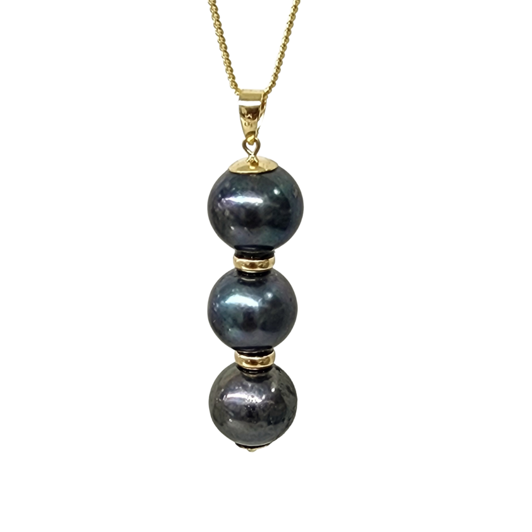 9ct Yellow Gold Triple 11.5mm Round Tahitian Black Pearl Pendant with Gold Spacers Gold Pearl Jewellery, Pearl Jewellery 9ct Yellow Gold Triple 11.5mm Round Tahitian Black Pearl Pendant with Gold Spacers Gold Pearl Jewellery, Pearl Jewellery