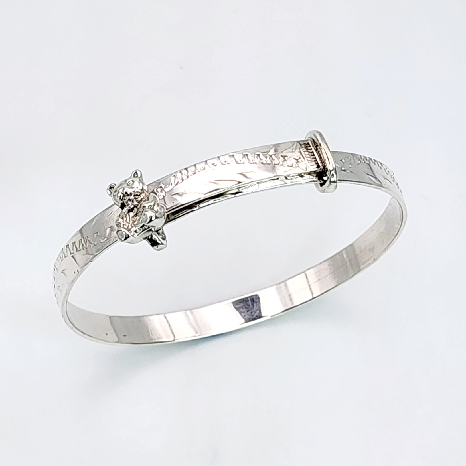 Sterling Silver Engraved Child Expander Bangle with Teddy Bear Sterling Silver Bracelets 