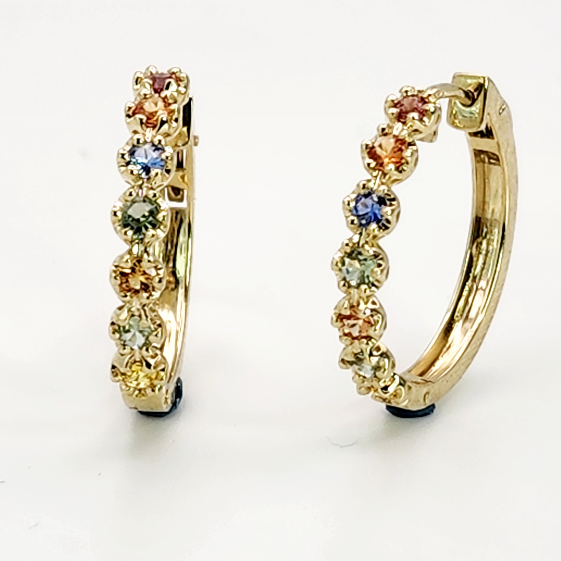 Multi Colour Natural Sapphire Hoop Earrings in 9ct Yellow Gold Gold Earrings 