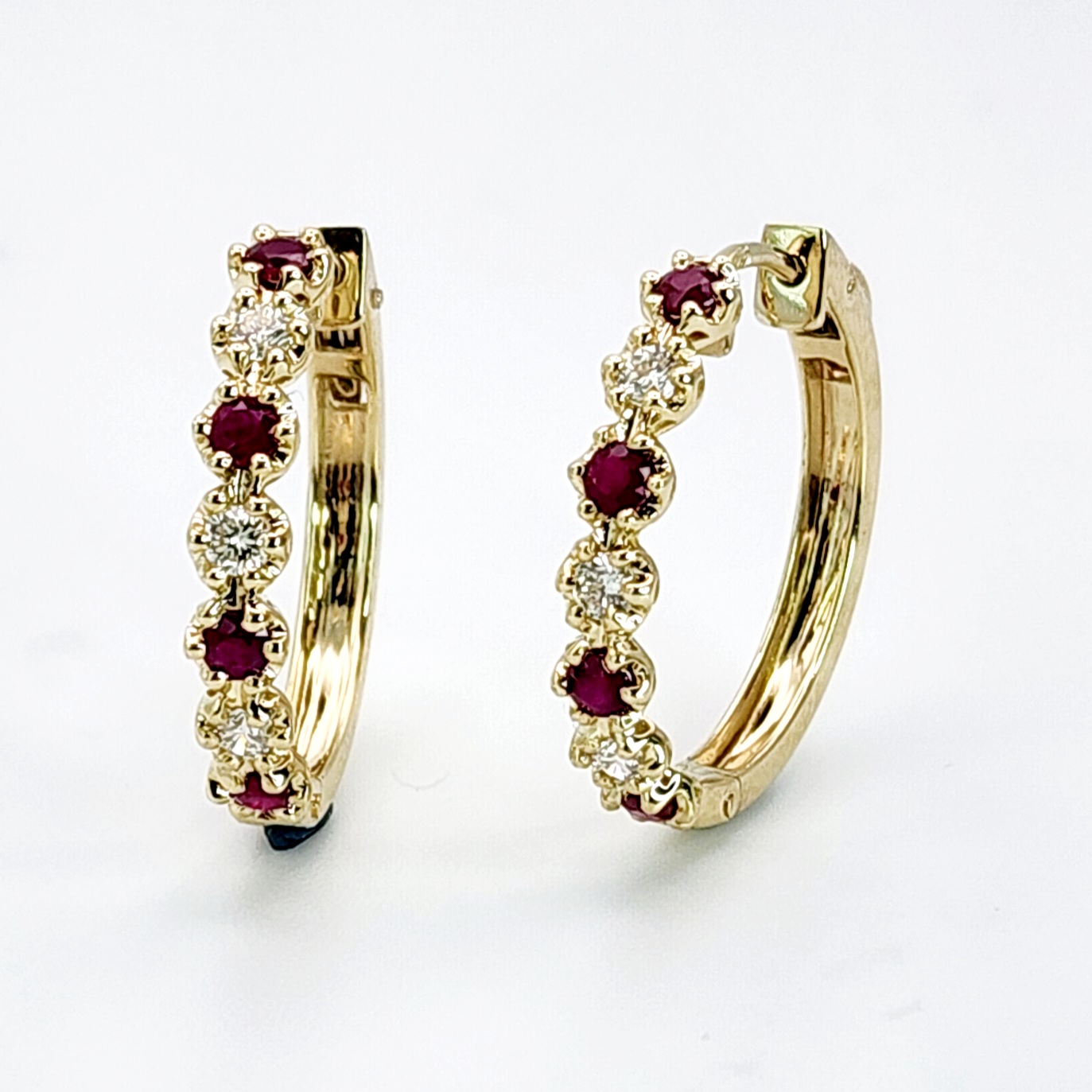 Natural Ruby & Diamond Hoop Earrings in 9ct Yellow Gold Gold Earrings 