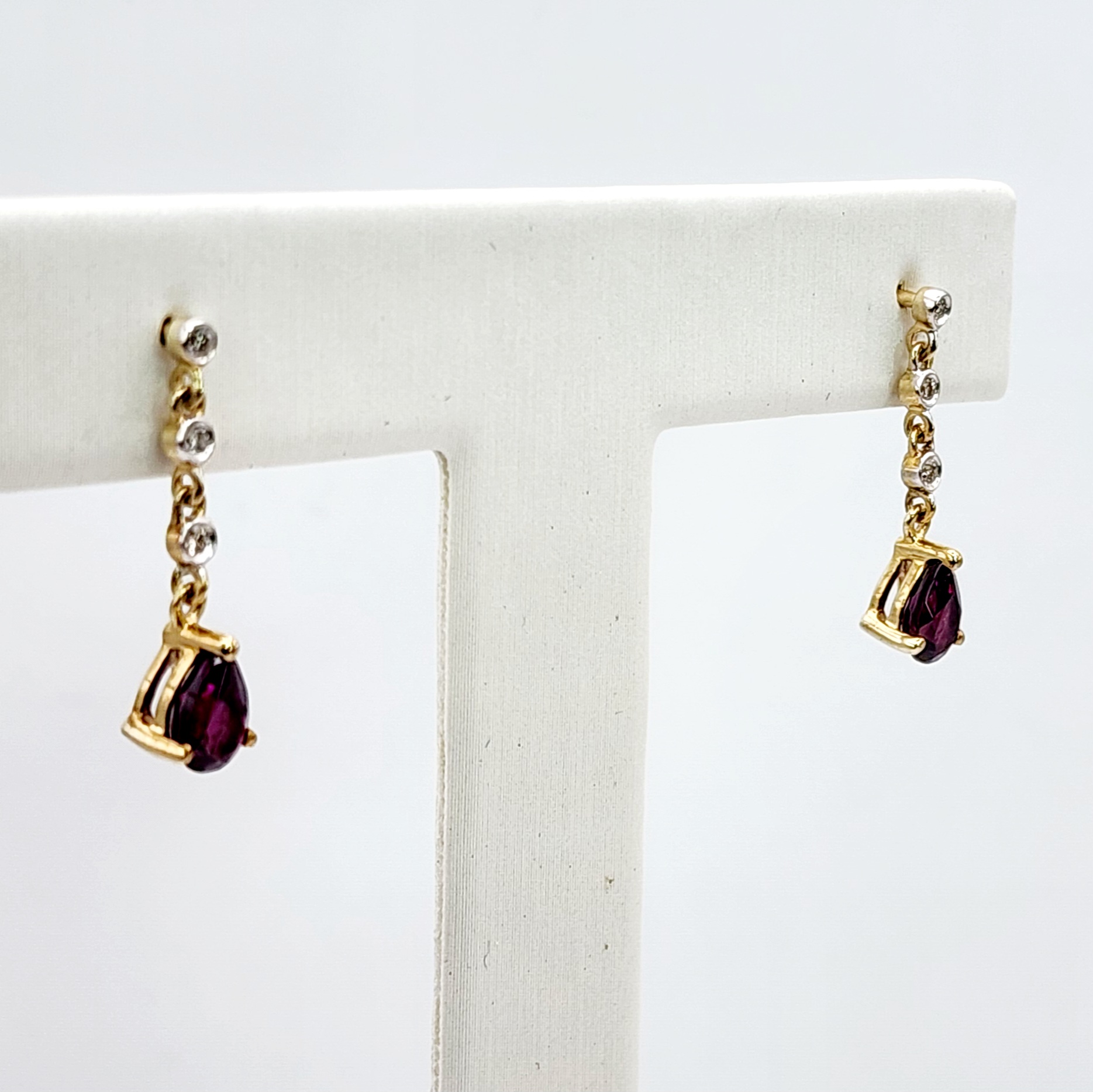 Pear-Shaped Rhodolite Garnet & Diamond Drop Earrings in 9ct Yellow Gold Gold Earrings 