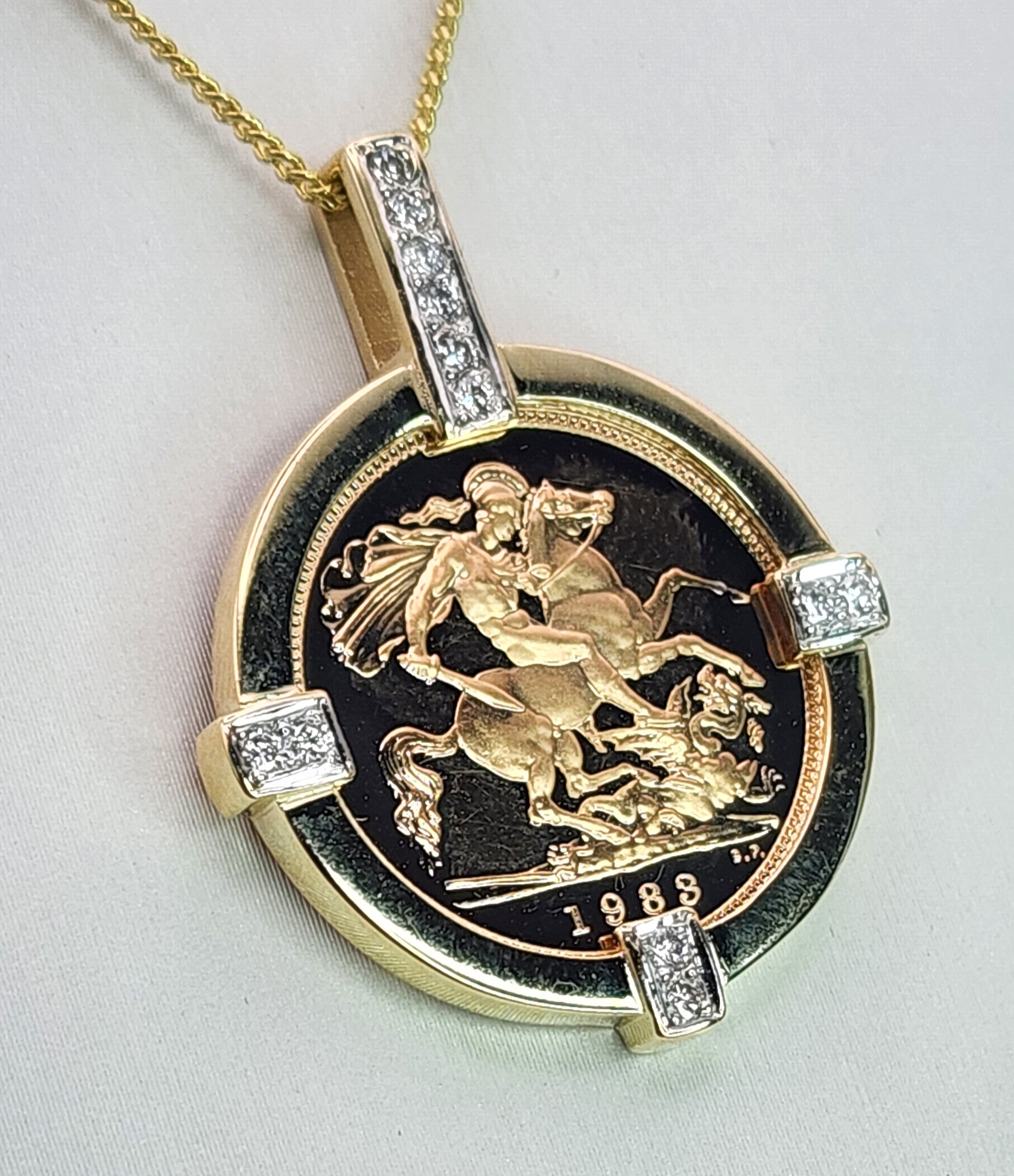 22ct Gold 1983 Elizabeth II Half Sovereign Coin Set in 0.17ct Diamond 9ct Gold Mount Gold Pendants 