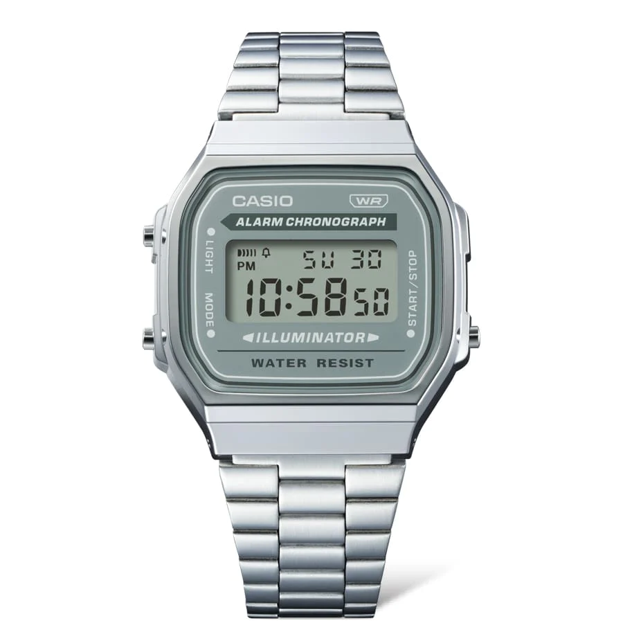 Casio Digital Tranquil Urban WR Green Face Stainless Steel Band - A168WA-3A CASIO Casio Digital Tranquil Urban WR Green Face Stainless Steel Band - A168WA-3A CASIO