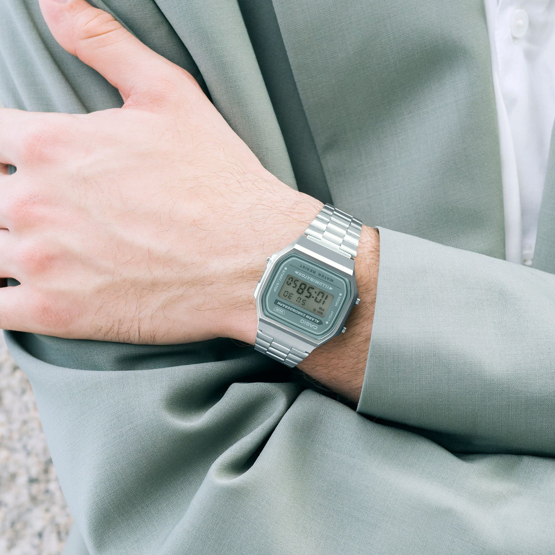 Casio Digital Tranquil Urban WR Green Face Stainless Steel Band - A168WA-3A CASIO Casio Digital Tranquil Urban WR Green Face Stainless Steel Band - A168WA-3A CASIO