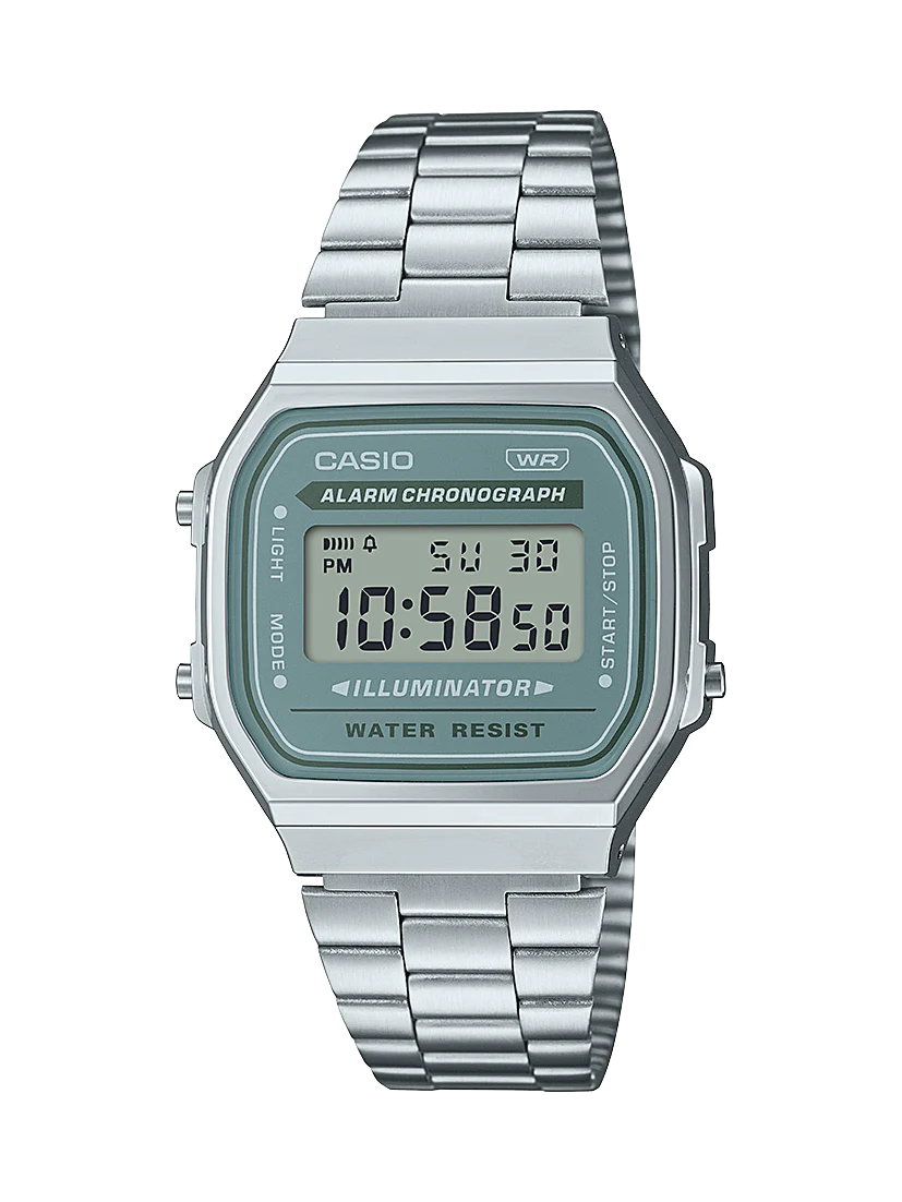 Casio Digital Tranquil Urban WR Green Face Stainless Steel Band - A168WA-3A CASIO Casio Digital Tranquil Urban WR Green Face Stainless Steel Band - A168WA-3A CASIO