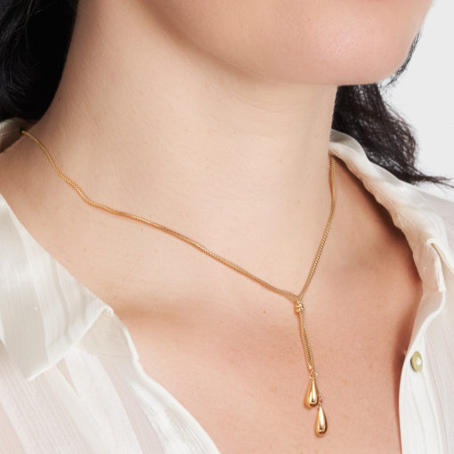 9ct Yellow Gold Lariat Style Necklace with 2 Teardrop Shaped Pendants at 45cm Long Gold Pendants 