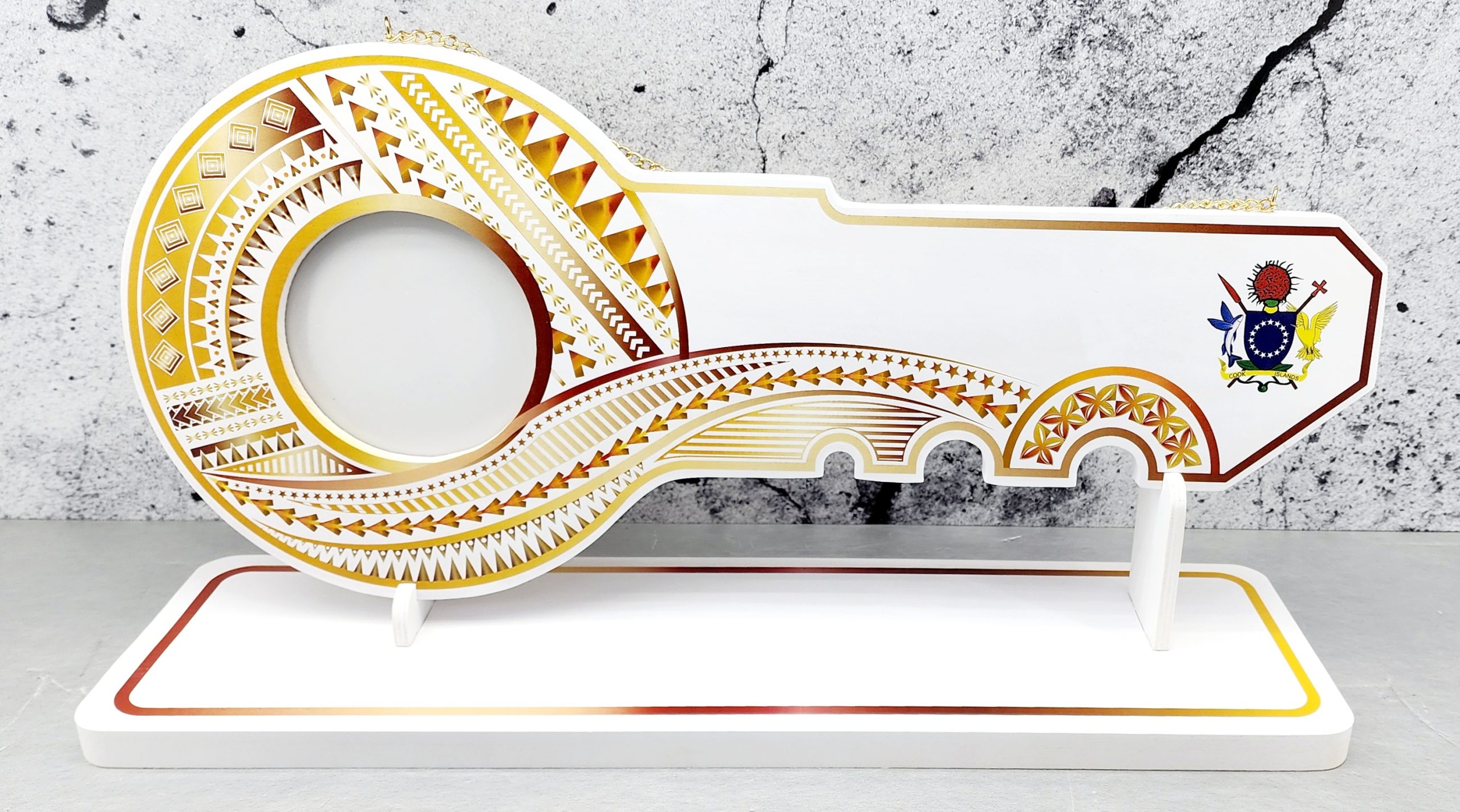 Island Design Golden Red Theme Colour UV Printed Birthday Key with Coat of Arms of Cook Islands and Matching Colour Stand 21st Keys Island Design Golden Red Theme Colour UV Printed Birthday Key with Coat of Arms of Cook Islands and Matching Colour Stand 21st Keys