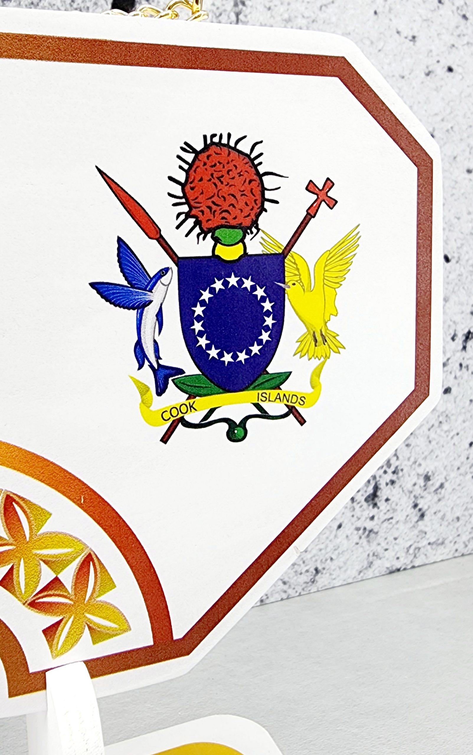 Island Design Golden Red Theme Colour UV Printed Birthday Key with Coat of Arms of Cook Islands and Matching Colour Stand 21st Keys Island Design Golden Red Theme Colour UV Printed Birthday Key with Coat of Arms of Cook Islands and Matching Colour Stand 21st Keys